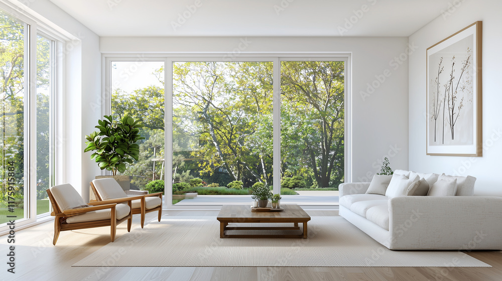 Fototapeta premium Serene Japanese Style Living Room with Natural Light and Garden View
