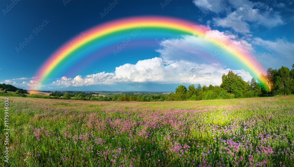 Naklejka premium panorama panorama with flowering meadow and rainbow in sky