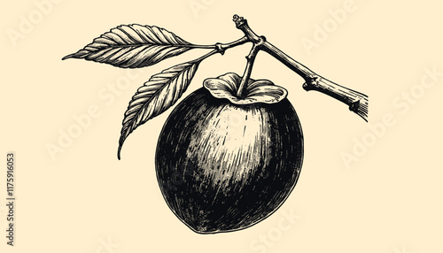 Intricate vintage Plum engraving in black and sepia tones with detailed linework, illustration