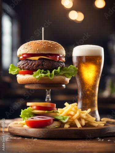 Gourmet burger with melted cheese, fresh vegetables, and sesame seed bun, served alongside refreshing beer. Great for food photography, menus, and social media posts highlighting indulgent meals.