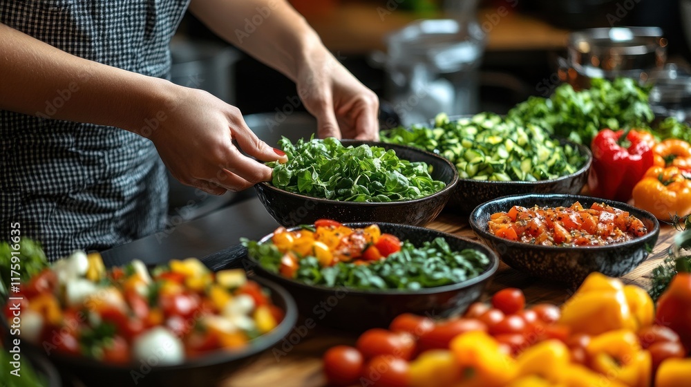 A person preparing fresh salads with various vegetables in a kitchen setting. A person preparing fresh salads with various vegetables in a kitchen setting.