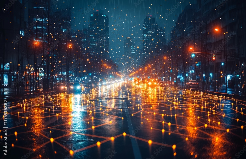 Fototapeta premium Abstract lights in the background highlight social connections in a city