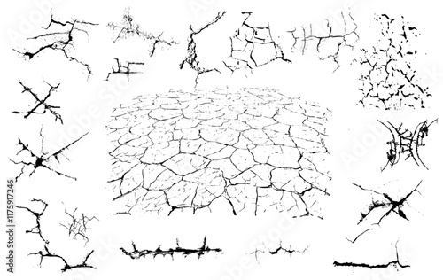 Cracked Earth Patterns: A collection of intricate crack patterns across the earth's surface, conveying the raw power of nature, fragility and the impact of time.