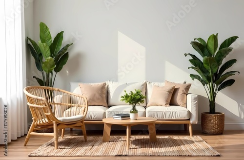 Modern boho style living room interior design with rattan chair, table, macramé, plants and accessories. Cozy home decor. 