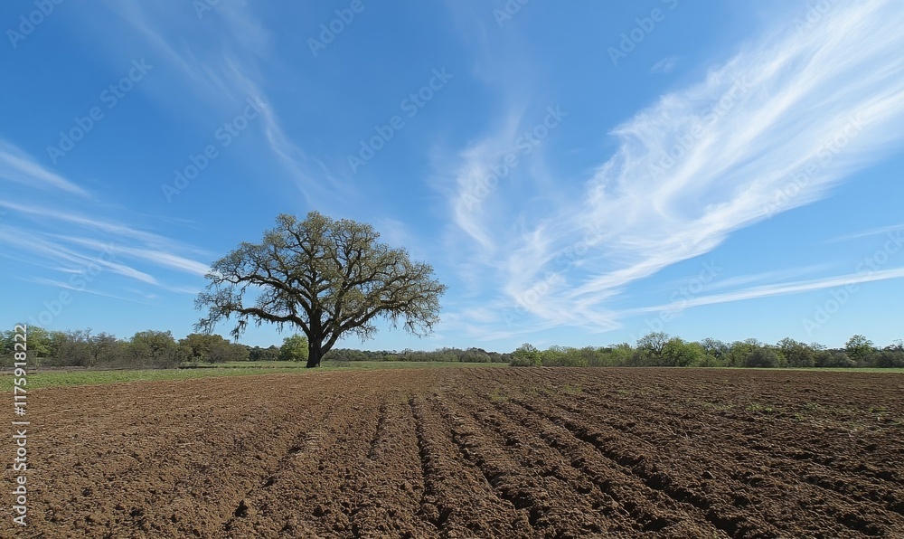 View of freshly plowed agricultural field with large oak tree at its edge and blue sky with wispy clouds in background in spring View of freshly plowed agricultural field with large oak tree at its edge and blue sky with wispy clouds in background in spring