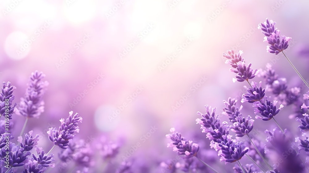 Naklejka premium A soft, blurred field of lavender with a clear, open sky for text