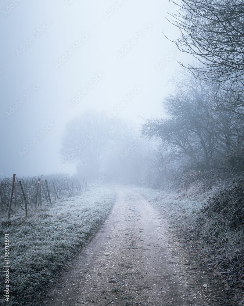 Fototapeta premium Misty rural path with frosty grass on a foggy morning.