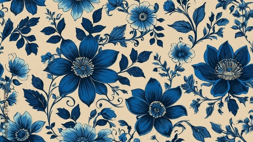 Blue seamless vector stock flowers with leaves pattern on cream background, vibrant, elegant, delicate, intricate design, floral motif, botanical, detailed, nature-inspired, repeating, fresh, soft ton