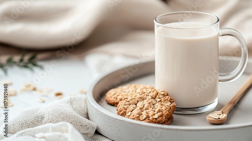 Glass mug of milk and two oatmeal cookies on a grey plate. the mug is filled with a creamy white liquid and has a handle on the side.