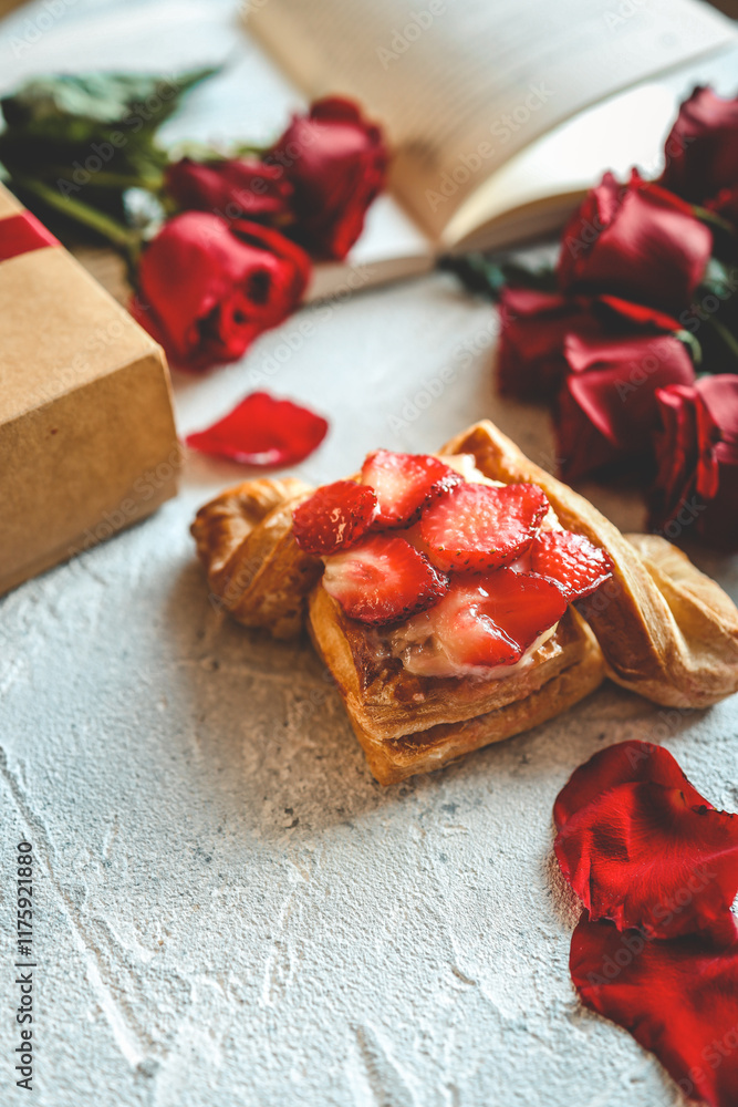 Delicious puff pastry topped with fresh strawberries placed beside a kraft gift box tied with a red ribbon, surrounded by vibrant red roses and petals on a textured light surface Delicious puff pastry topped with fresh strawberries placed beside a kraft gift box tied with a red ribbon, surrounded by vibrant red roses and petals on a textured light surface