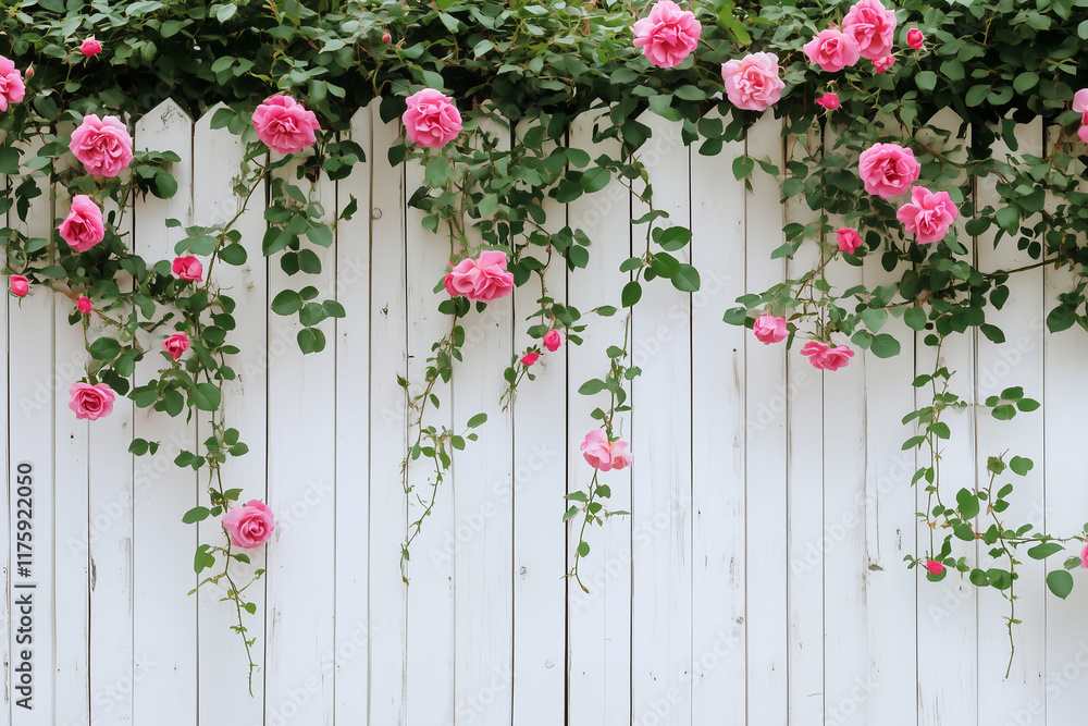 Fototapeta premium A white wooden fence with climbing roses creating a soft, romantic look