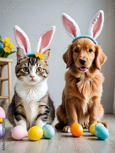 Golden retriever puppy and cat with easter bunny ears head band in elegant room decorated by flowers and easter eggs. happy easter with pets concept. 300dpi