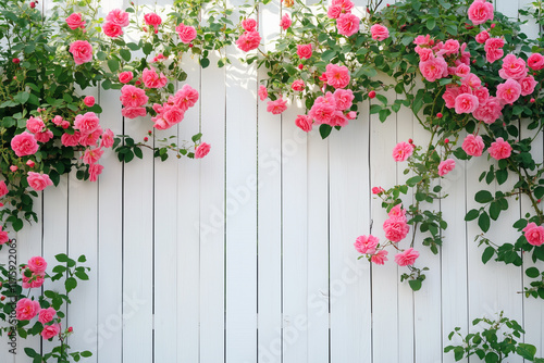 A white wooden fence with climbing roses creating a soft, romantic look
