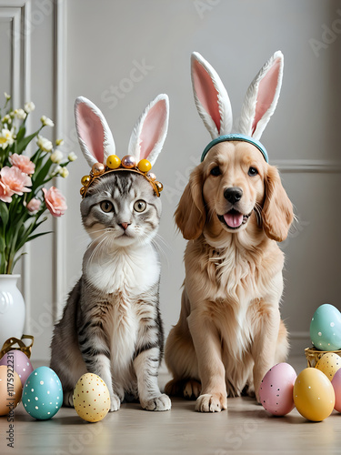 Golden retriever puppy and cat with easter bunny ears head band in elegant room decorated by flowers and easter eggs. happy easter with pets concept. 300dpi photo