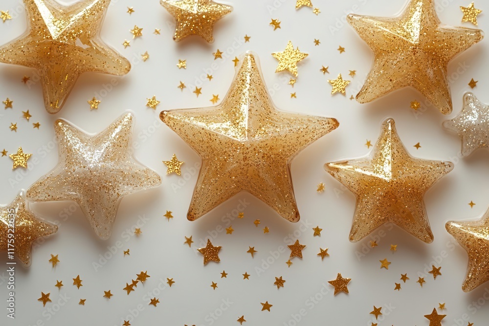 elegantly designed glass golden stars against a pristine white background, showcasing luxury and sophistication in a minimalist aesthetic elegantly designed glass golden stars against a pristine white background, showcasing luxury and sophistication in a minimalist aesthetic
