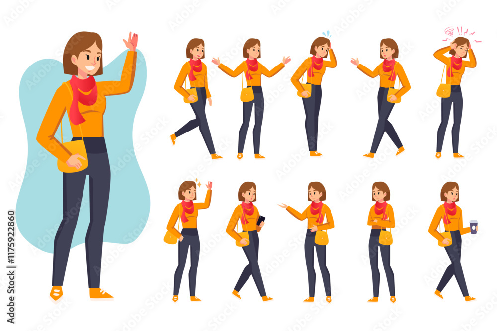 Obraz premium Cartoon woman in casual outfit. Young female character in different poses and various gestures. Student girl holding a smartphone, carrying a shoulder bag. face expression vector set flat style