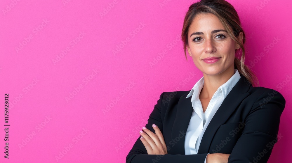 A self-assured businesswoman stands against a bold pink backdrop, her confident posture reflecting determination and professionalism. A self-assured businesswoman stands against a bold pink backdrop, her confident posture reflecting determination and professionalism.