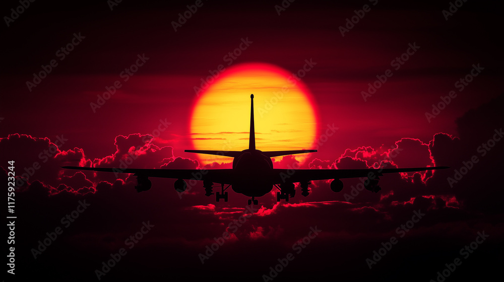 Obraz premium A silhouette of an airplane against a glowing red sunset, moments before landing
