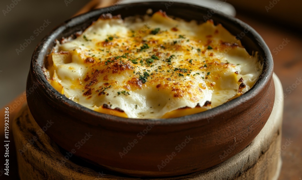 Baked lasagna with golden cheese topping in a rustic clay dish Baked lasagna with golden cheese topping in a rustic clay dish