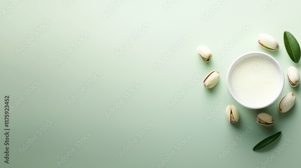 Flat lay of a white bowl of milk on a light green background. the bowl is placed on the right side of the image and is surrounded by several whole pistachios scattered around it. Flat lay of a white bowl of milk on a light green background. the bowl is placed on the right side of the image and is surrounded by several whole pistachios scattered around it.