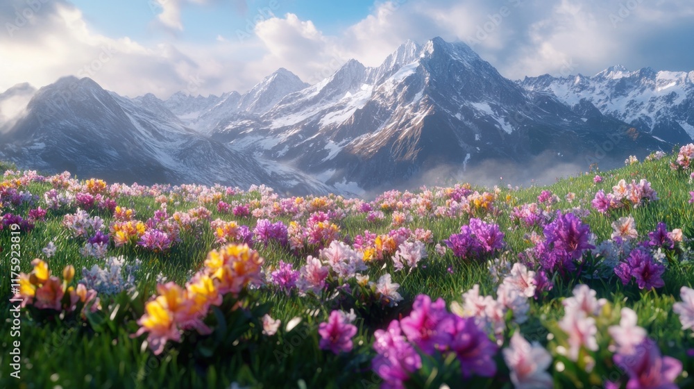 Fototapeta premium Vibrant wildflowers bloom in a lush alpine meadow with majestic snow-capped mountains in the background under a partly cloudy sky.