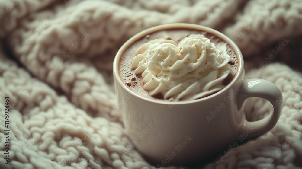 Hot cocoa with a heart drawn in whipped cream, styled on a cozy blanket Hot cocoa with a heart drawn in whipped cream, styled on a cozy blanket
