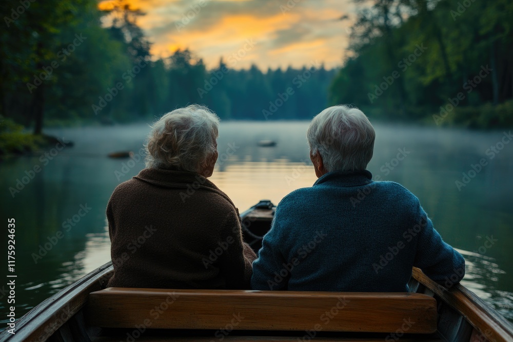 Elderly Couple Enjoying Serene Lake View in Tranquil Forest at Sunset Elderly Couple Enjoying Serene Lake View in Tranquil Forest at Sunset