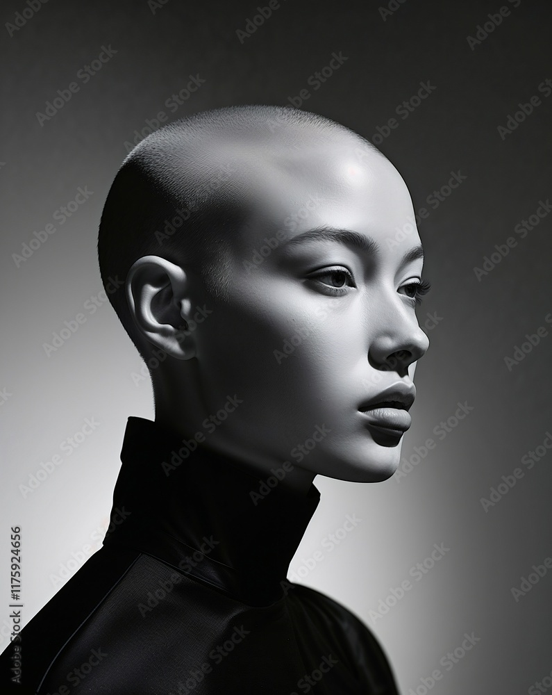 Black and White Portrait: A captivating portrait of a bald woman, her face illuminated by dramatic chiaroscuro lighting. The image exudes an air of strength, confidence, and timeless beauty. Black and White Portrait: A captivating portrait of a bald woman, her face illuminated by dramatic chiaroscuro lighting. The image exudes an air of strength, confidence, and timeless beauty.