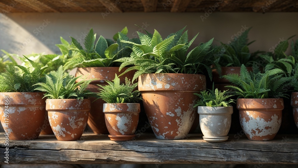 Fototapeta premium Terracotta pots with green plants on rustic wooden shelf