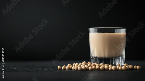 Glass of milk on a black surface. the glass is filled with a creamy, light brown liquid, which appears to be a smoothie or milkshake. photo