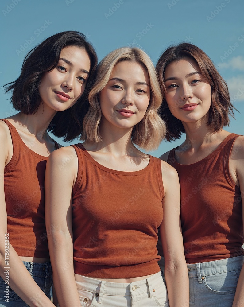 Three Friends, One Look: A trio of stylish young women radiates confidence in matching rust-colored tank tops against a backdrop of a clear blue sky. Three Friends, One Look: A trio of stylish young women radiates confidence in matching rust-colored tank tops against a backdrop of a clear blue sky.