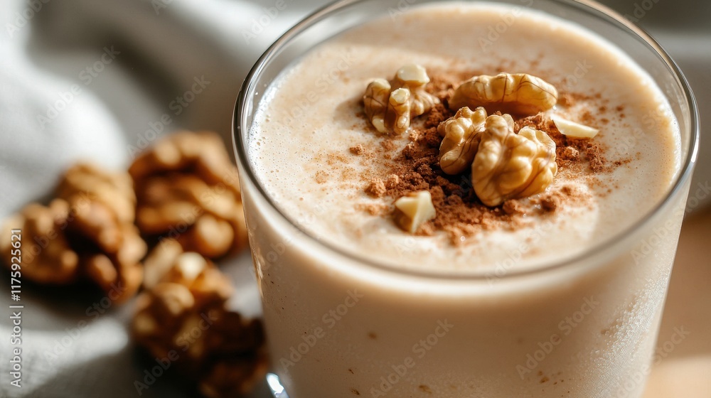 Close-up of a glass of a smoothie or milkshake. the glass is filled with a creamy, light brown liquid and topped with a generous amount of whipped cream and a sprinkle of cinnamon. Close-up of a glass of a smoothie or milkshake. the glass is filled with a creamy, light brown liquid and topped with a generous amount of whipped cream and a sprinkle of cinnamon.