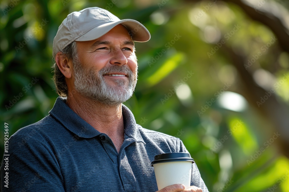 A happy man with a cup of coffee in the rainforest. A happy man with a cup of coffee in the rainforest.