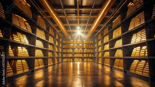 Stacks of gold bars in illuminated vault with industrial design