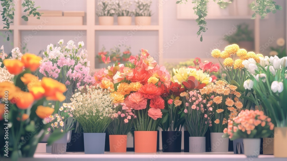 Fototapeta premium Brightly colored flower arrangements in a vibrant indoor floral shop showcasing seasonal blooms and unique plants. Generative AI