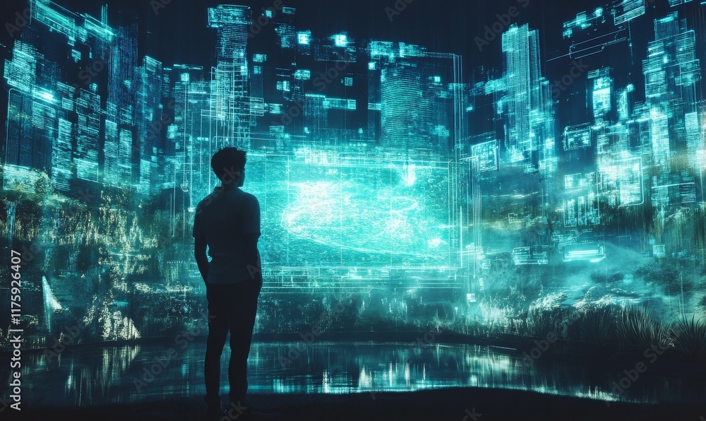 Aquifer crisis concept. Futuristic holographic display of aquifer crisis simulation Aquifer crisis concept. Futuristic holographic display of aquifer crisis simulation