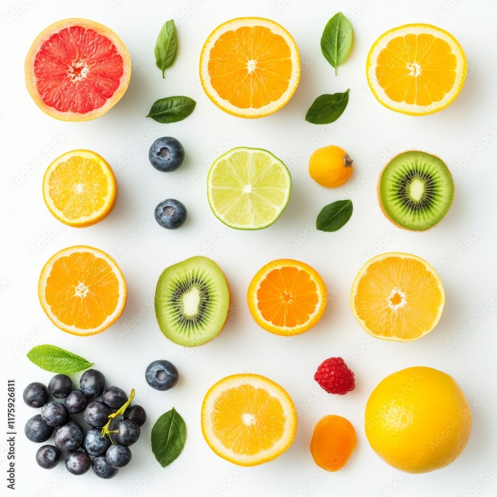Obraz premium Collage of fresh colorful fruits, representing healthy eating and a vibrant food concept on a white