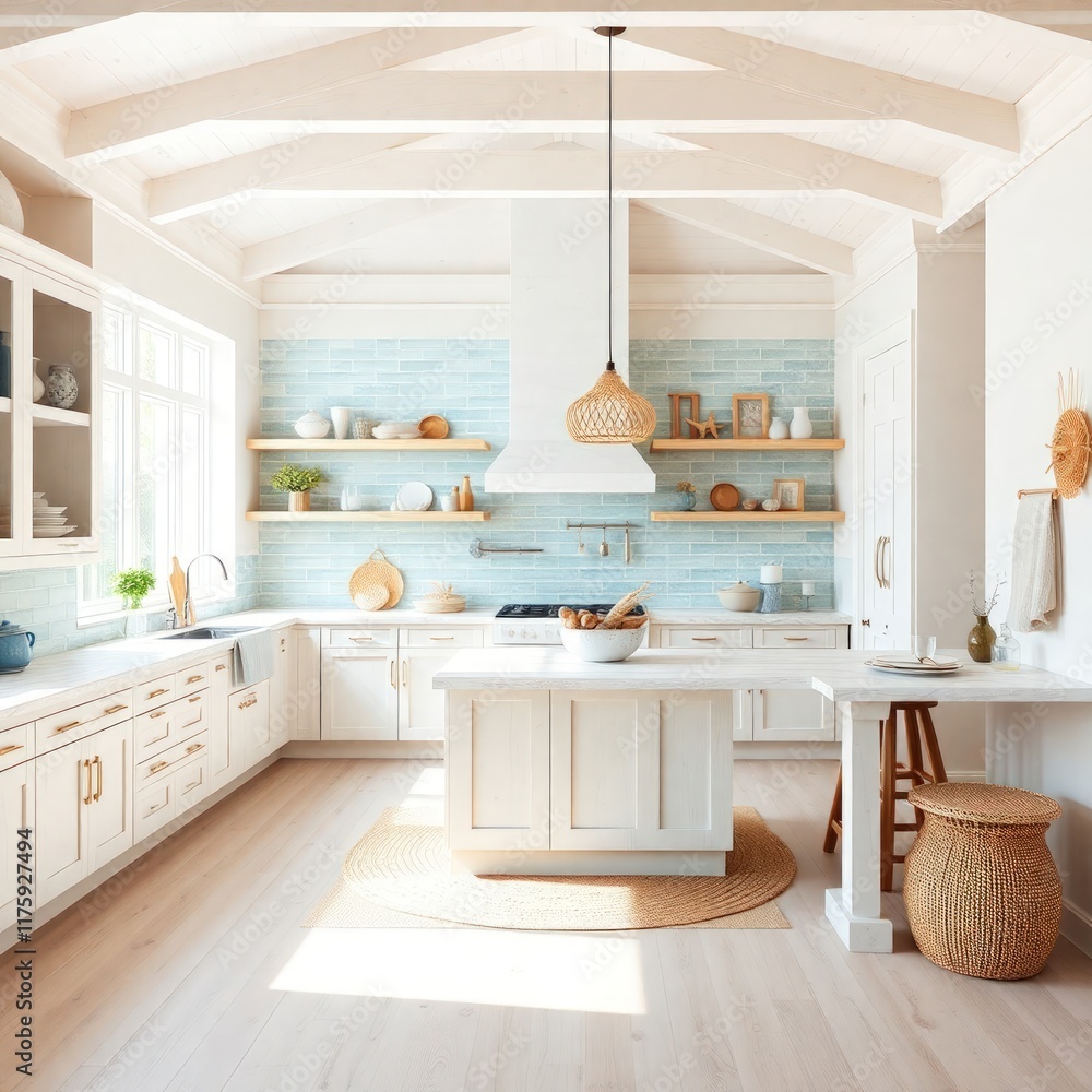 Fototapeta premium Kitchen interior design. Coastal style kitchen interior design. Architecture interior. Coastal interior. Coastal style.