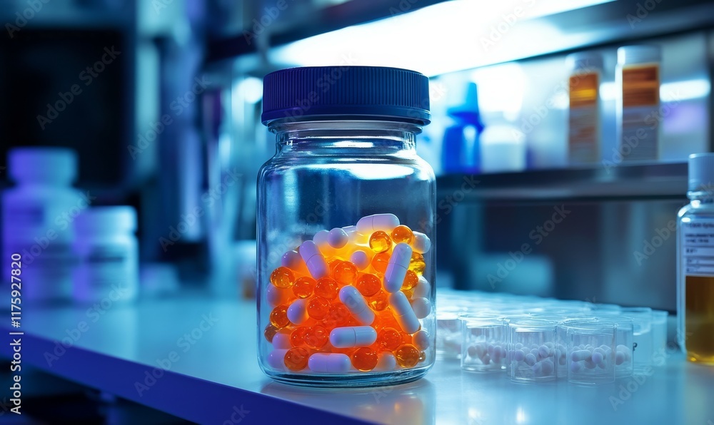 Jar of Orange and White Capsules in a Laboratory Setting, Symbolizing Medicine and Research