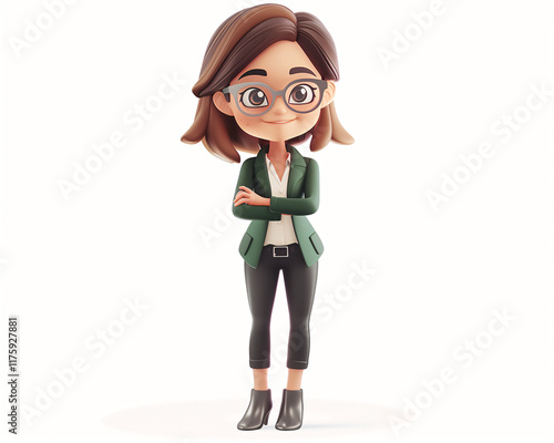 Professional Cartoon Woman in Business Attire Illustration - Confident Woman Character with Glasses and Green Jacket