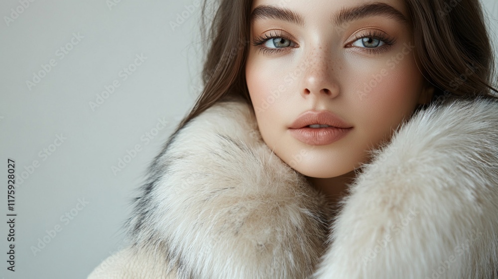 Woman gazing thoughtfully while wearing a soft fur-trimmed coat, minimalist, elegant background with subtle lighting Woman gazing thoughtfully while wearing a soft fur-trimmed coat, minimalist, elegant background with subtle lighting