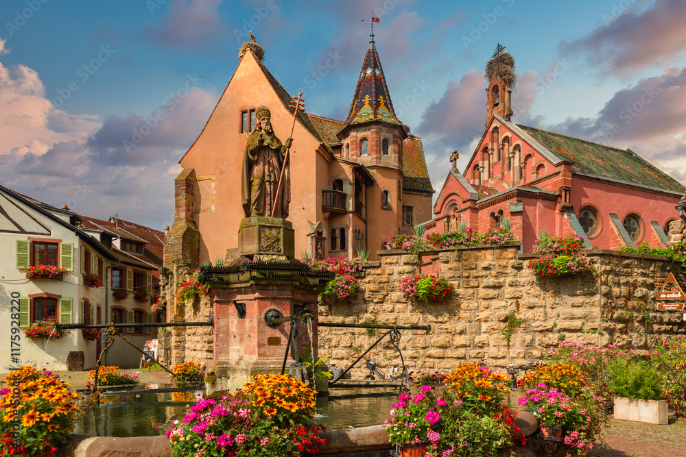 Quiet and beautiful viillage Eguisheim, a famous landmark in Alsacia France