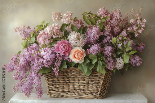 A basket arrangement of lilacs, roses, and hydrangeas, perfect for a spring wedding centerpiece