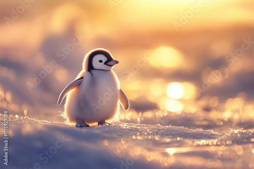 A baby Emperor penguin waddling clumsily on the ice, its fluffy feathers blowing in the cold wind photo