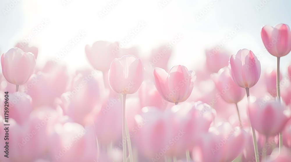 Obraz premium A soft, blurred field of tulips with a clear, open sky for text 