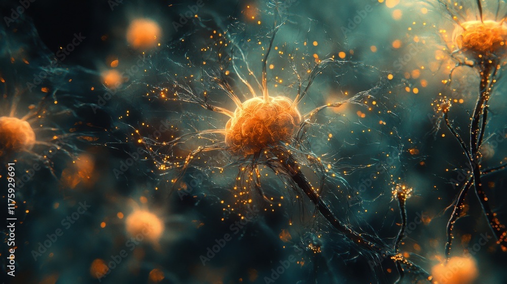 Fototapeta premium Intricate network of neurons firing, depicted in vibrant oranges and deep teal hues. A mesmerizing microscopic view of neural activity.