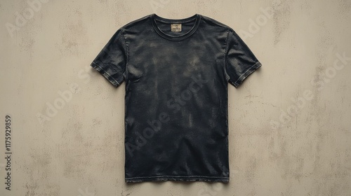 Dark-wash, short-sleeved crew neck t-shirt displayed against a neutral backdrop. The garment shows a faded, vintage look, adding a touch of casual style.