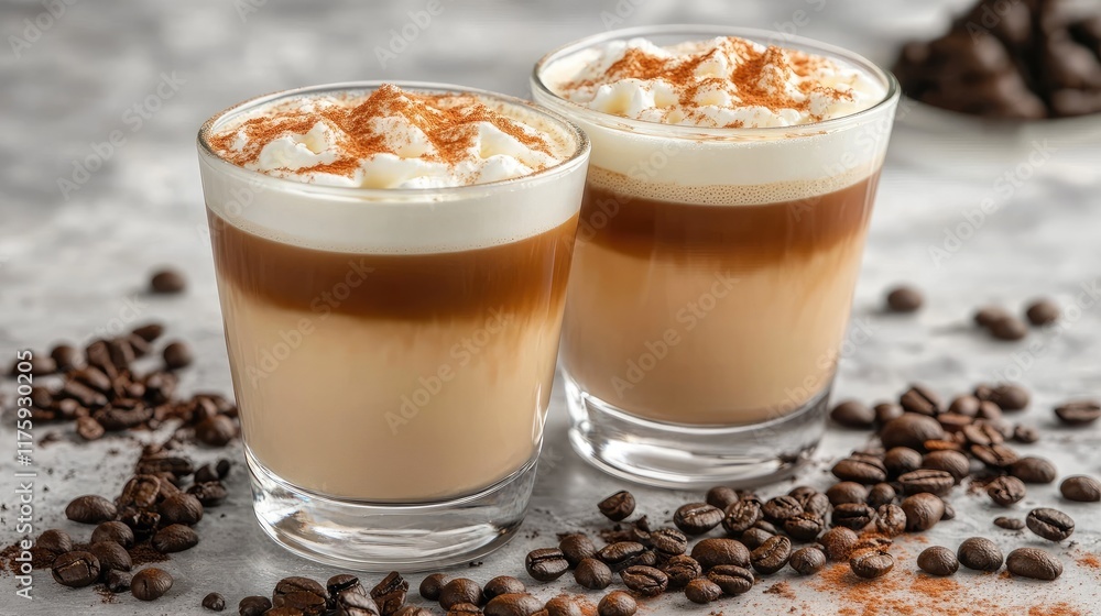 Delicious Cinnamon-Topped Latte in Glass Mug with Whipped Cream and Coffee Beans Delicious Cinnamon-Topped Latte in Glass Mug with Whipped Cream and Coffee Beans