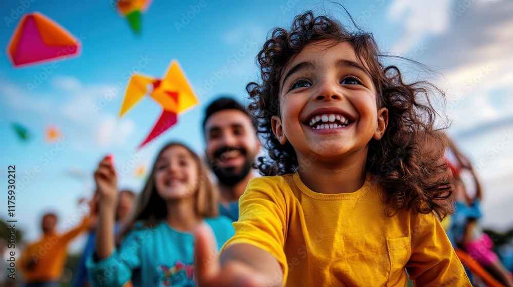 Fototapeta premium A group of joyful children flying colorful kites together under a vibrant summer sky, embodying the spirit of friendship, fun, and carefree moments during sunny days filled with laughter.