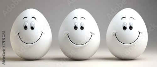 Three Smiling Eggs with Cartoon Faces Displaying Happiness on a Gray Background photo